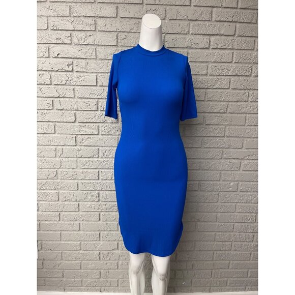 A’Gaci Women Blue Ribbed High Neck Hi-Low Bodycon Dress Size S - Picture 1 of 7